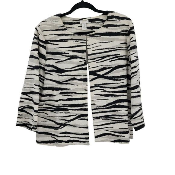Chico's Blazer Size 2 White Twill Black Gray Tiger Cotton Scoop Career Luncheon - Picture 1 of 12